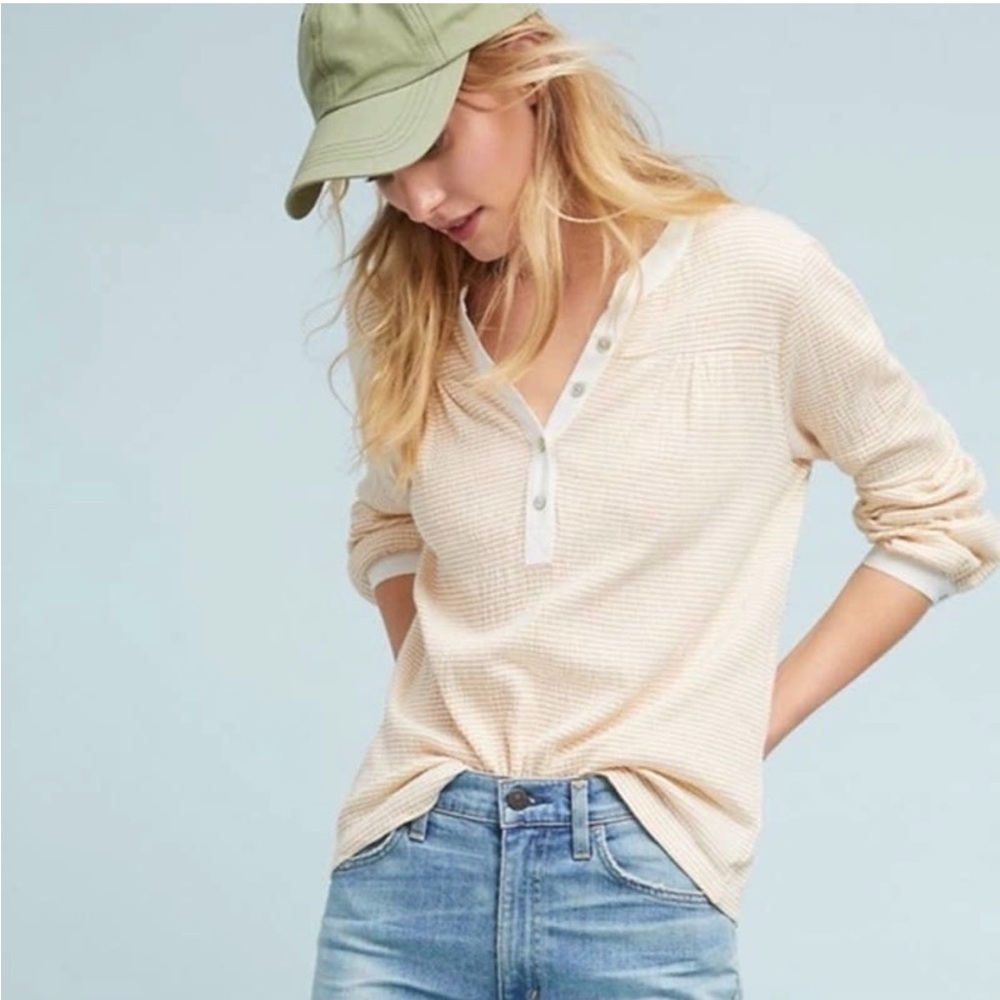 SALE! Dolan Anthropologie Ferry Yellow Stripe Henley Top Size Small